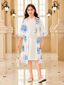 SHEIN 2 Stücke/set Jacket Mit Fransigen Ärmeln Und Halsband Kleid Für Tween Mädchen