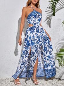 SHEIN Tall Floral Print Backless High Side Slit Waist Cutout Halter Long Summer Beach Vacation Dress,Pastel Dresses For Women