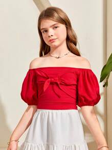 Tween Girl Short Knit Top With Plain And Off-Shoulder Design For Spring/Summer Vacation And Leisure - Red - View 4