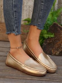 2025 Autumn Women Flat Bottom Loafers New Style Penny Shoes Women Low-Cut Driving Shoes Flat Bottom Mom Shoes Large Size Suede Leather Casual Shoes - Gold - View 5