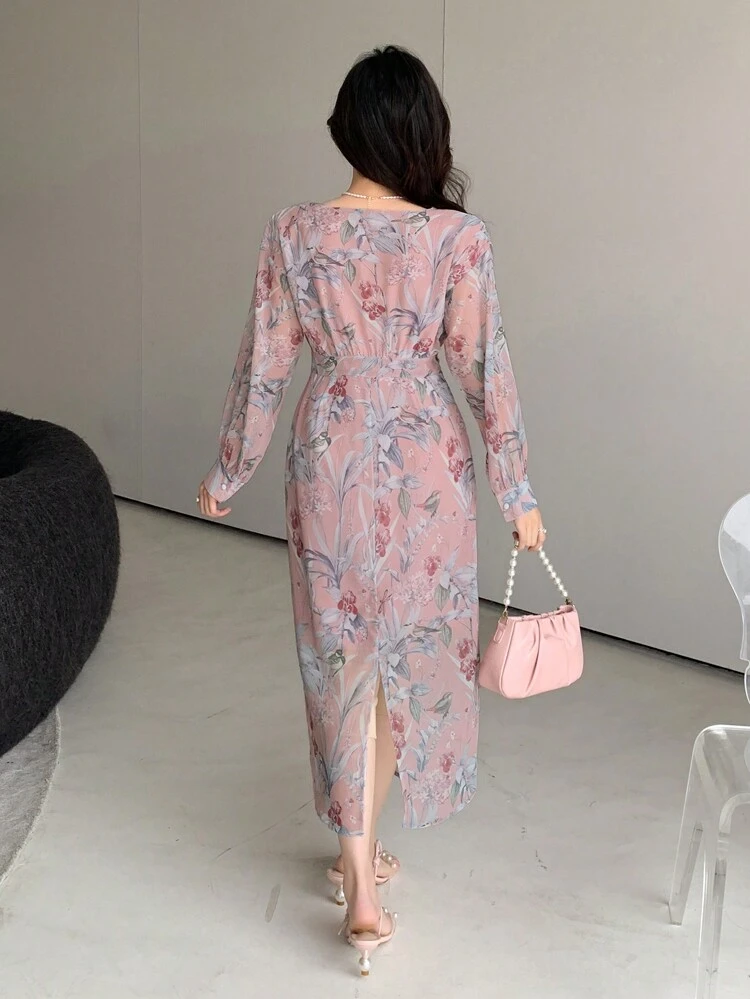 Women V Neck Full Printed Long Sleeve Dress,Ruffle,Fall Dress Floral