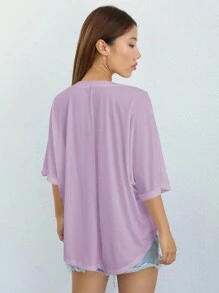 SHEIN EZwear Knitted Women's Casual T-Shirt With Asymmetrical Hem, Solid Color, Round Neck And Batwing Sleeve - Lilac Purple - View 2