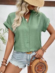 EMERY ROSE Women Summer Casual Solid Color Notched Collar Batwing Sleeve Shirt