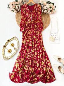 Modelyn Burgundy Red Plus Size Elegant Dress With Floral Print, Pleats And Ruffles - Burgundy - View 1