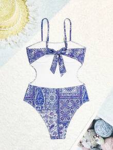 Swim Vcay Đồ bơi một mảnh có họa tiết in ở eo, thiết kế, không dây, thích hợp cho kỳ nghỉ ở bãi biển - Nhiều màu - Xem 5
