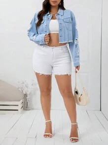 SHEIN Essnce Kích thước lớn NỮ Mùa Xuân Mùa thu Thả vai Tay áo dài Đau khổ Áo khoác denim - Rửa nhẹ - Xem 5