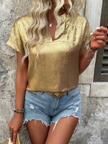SHEIN LUNE NỮ Mùa hè Thoải mái Ngắn tay Áo sơ mi Với Đường viền cổ chữ V , Kết cấu kim loại Và tay cánh Thiết kế - Vàng - Xem 6