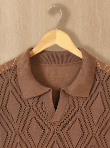 Manfinity Homme Áo thun nam cổ bẻ khoét rỗng tay áo ngắn đan móc cơ bản cho mùa hè - Đồng - Xem 3