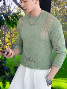 Manfinity Homme 男士長袖破洞毛衣 - 綠色 - 查看 6