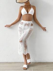 SHEIN Swim Women Summer Hollow Out Drawstring Waist Long Cover Up Skirt - White - View 4