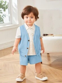SHEIN Ensemble de 3 pièces de gilet sans manche en tricot solide pour bébé garçon et fillette avec veste, chemise à manches courtes et shorts - Bleu azur - Voir 4