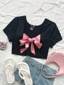 Dreamara Camiseta Sexy Recortada Con Diseño De Nudo De Lazo De Bloque De Color Negro Para La Espalda De Talla Grande Para El Verano