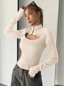 DAZY Cheongsam Collar & Stand Collar Hollow Out Patchwork Slim Fit Long Sleeve Women T-Shirt - Apricot - View 3