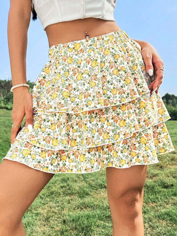 Women's Floral Printed Ruffle Hem Multi-Layered Knee-Length Skirt
