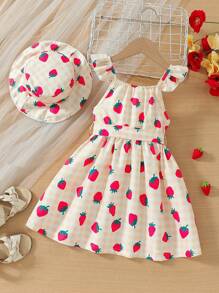 SHEIN Vestido colorido de comprimento médio com impressão de morango de dopamina para meninas jovens, estilo A para o Dia das Crianças no México, verão
