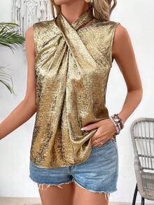 SHEIN VCAY Của phụ nữ Không tay Áo sơ mi Với Kim loại Chất vải - Vàng - Xem 4