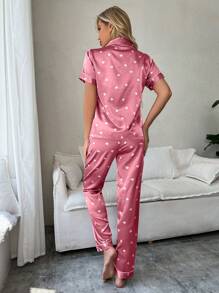 SweetSlumber Women Pajama Sets Kantong Contrast Binding Tombol Depan Geometris - Hot Pink - View 2