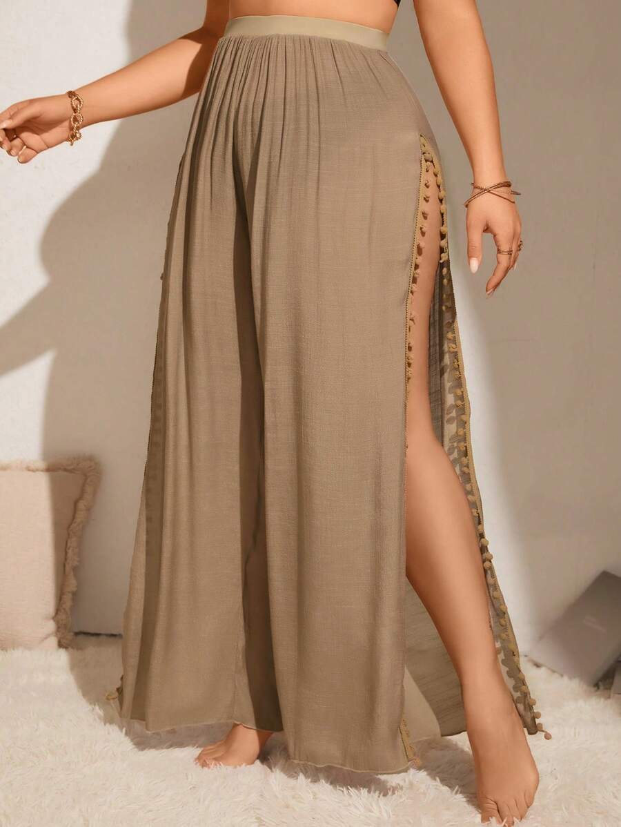Swim Lushoire Summer Beach Plus Size Solid Color Casual Split Holiday Cover-Up Pants - Khaki - View 1