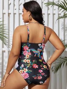 Swim Lushoire 大尺碼夏季海灘花卉印花扭結前扣連體泳衣 - 彩色 - 查看 2