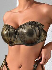 SHEIN Swim Conjunto de bikini de verano para mujer con detalles de volantes con acabado metálico y de madera, bikini bandeau con conjunto de bikini separado