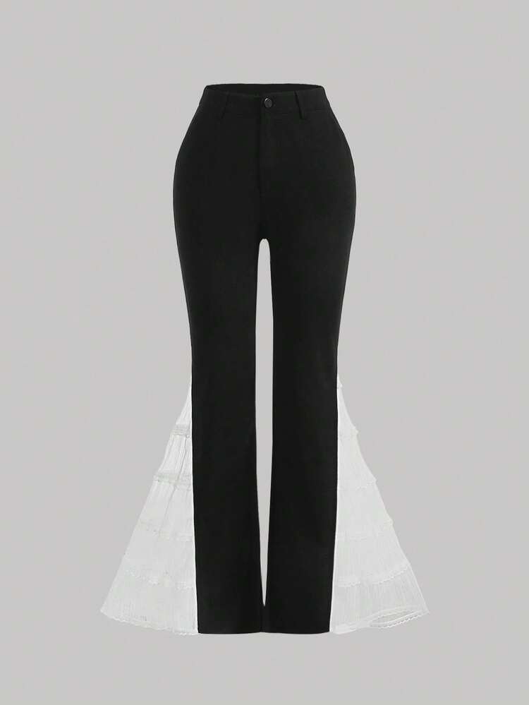 Women Colorblock Mesh Spliced Flared Pants