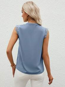SHEIN Clasi Women Summer Notch V Neck Lace Patchwork Casual Shirt - Dusty Blue - View 2
