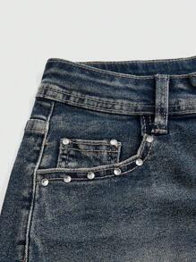 ROMWE Fairycore 女士时尚水钻装饰休闲牛仔短裤，适合学校穿着 - 藍色 - 查看 3