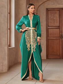 Women's Ribbon Patchwork Fringe Decor Plunging Neckline Slit Maxi Elegant Dress - Dark Green - View 3