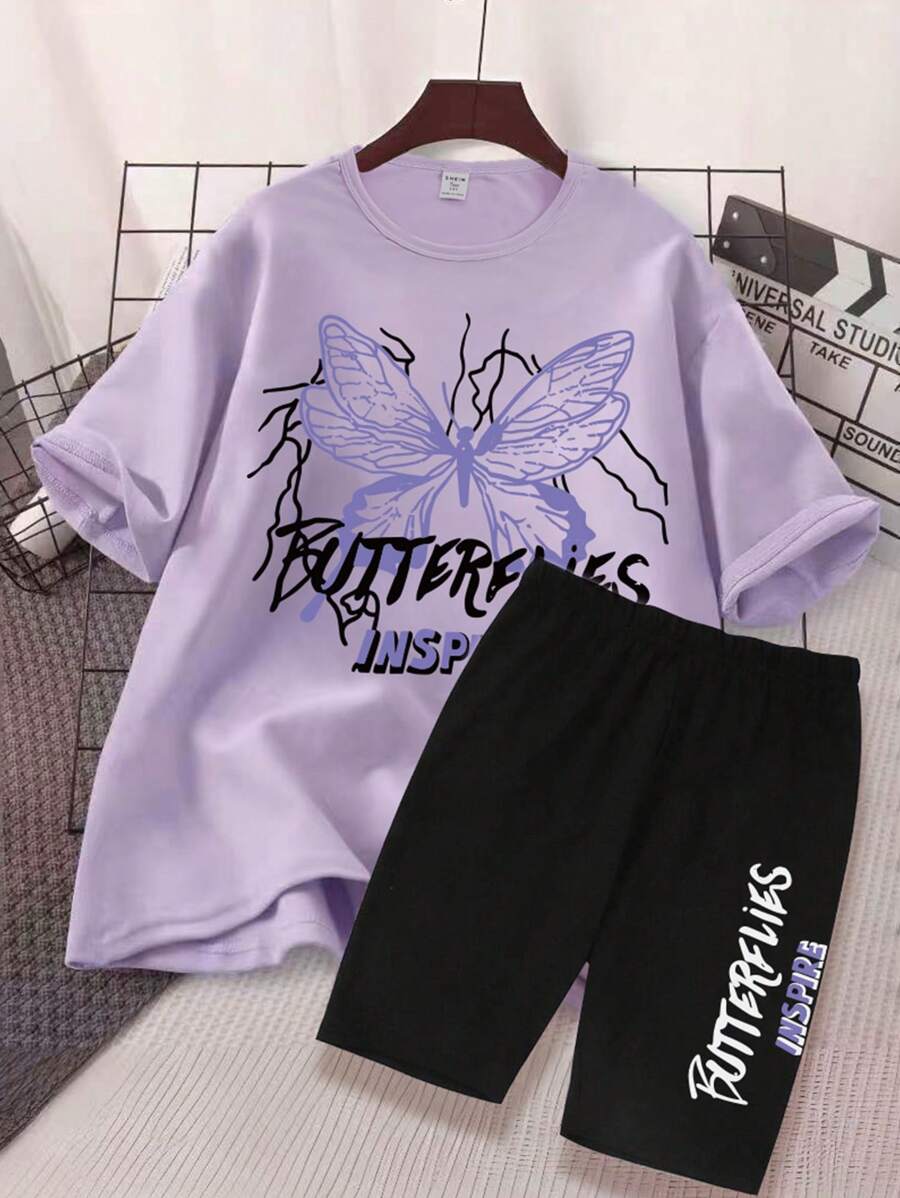 2-Piece Set Of Youth Women's Casual Pink Short-Sleeved Round Neck Loose T-Shirt Printed With Cool And Butterfly Letter Pattern And Black Cycling Shorts Set Suitable For Daily Street Fashion Gatherings And Travel Wear - Multicolor - View 1