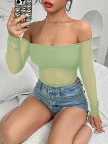 Lunelith SHEIN Lunessa Top transparente de moda para mujer con los hombros descubiertos, ideal para el uso diario en primavera y verano