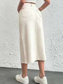 EURMUSE Women's Straight Denim Skirt With Pockets - Beige - View 2