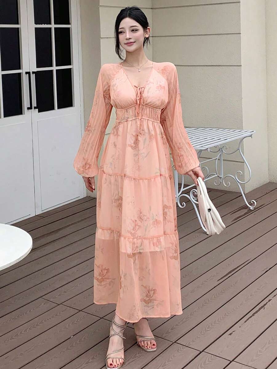 DAZY 女士V领印花灯笼袖连衣裙，荷叶边，秋季长袖连衣裙，复活节 - 珊瑚橙 - 查看 1