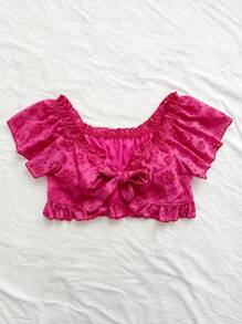 Soleia Plus Size Casual Knit Shirt With Frill Trim, Tie-Front Detail And Vacation Style Design For Summer - Hot Pink - View 5