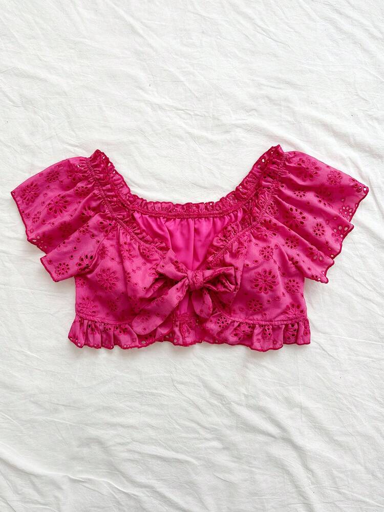 Plus Size Casual Knit Shirt With Frill Trim, Tie-Front Detail And Vacation Style Design For Summer