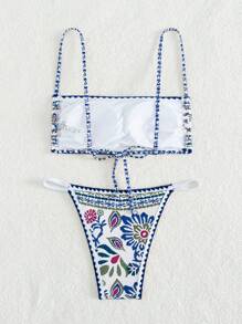 SHEIN Swim Plant Print Backless Tie Knot Bikini Set For Summer Beach Vacation - Multicolor - View 7