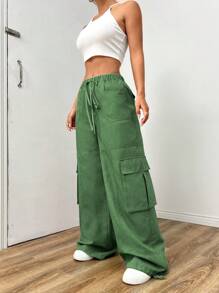 SHEIN EZwear Ladies" Plain Drawstring Waist Wide-Leg Cargo Pants With Loose Fit