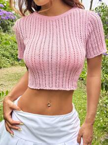 SHEIN EZwear Solid Open Back Crop Knit Sweater - Pink - View 2