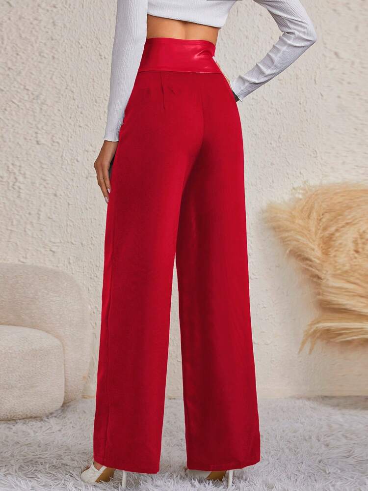 Women Spliced Waist Buckle Detail Casual Straight Pants