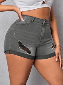 Slaydiva Plus Size Summer Ripped Rolled Hem Slim Fit Stretch Denim Shorts - Light Grey - View 1