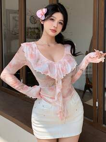 DAZY 花卉網紗透視褶邊修身長袖女上衣 - 粉色 - 查看 8