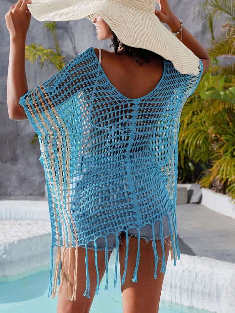 Women Fringe Decorated Hollow Out Cover-Up Summer