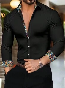 Men Spring Patchwork Pattern Long Sleeve Casual Shirt - Black - View 1