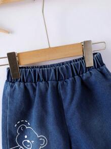 SHEIN 2pcs Young Boy Casual Printed Turn-Down Collar Shirt And Denim Shorts Set,Holiday,Summer,Travel - Dark Wash - View 7