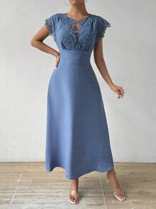 Chiquease 优雅长款蕾丝连衣裙，腰部收褶和 A 字裙，非常适合春夏季长款女装 - 藍色 - 查看 6