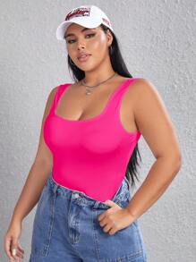 SHEIN EZwear Mujeres de talla grande moda monopieza de marga larga con cuello cuadrado en unicolor, ajustado - Rosa Fucsia - Ver 3