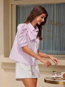 Aveloria Rosie 女性休閒假日蝴蝶結短袖襯衫，適用於春夏與其他服飾搭配 - 粉色 - 查看 5