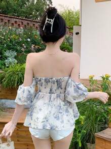 DAZY Blouse à manches courtes pour femmes avec imprimé floral, épaules dénudées, taille cintrée et manches bouffantes, tenue de croisière pour femmes, top babydoll à volants, Top épaules dénudées