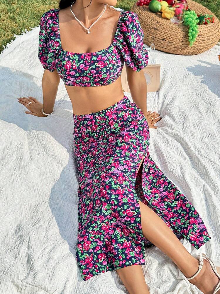 Women's Floral Print Puff Sleeve Top And Split Hem Skirt Two-Piece Set