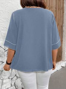 EMERY ROSE Camisa casual de talla grande con bloques de color y costuras expuestas para verano - Neblina azul - Ver 2