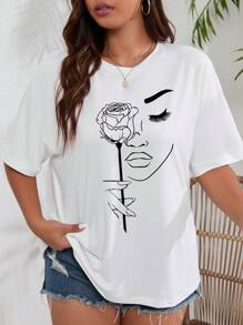 INAWLY Camiseta casual de manga corta con estampado de rostro abstracto y flor de cuello redondo para verano, camiseta gráfica tallas grandes para mujer